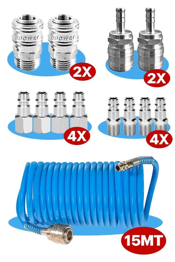 Kompresör Bağlantı Parçaları Hava Hortumu Bağlantı Parçası Soket Bağlantıları 15 metre Hortum Set - Görsel 2