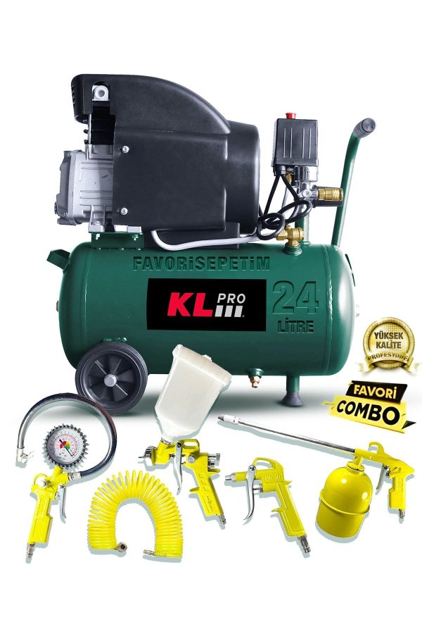 Profesyonel 24 Litre Çift Hava Çıkışlı 2 Hp 8 Bar 116psi Klk25 Hava Kompresörü 5 Parça Havalı Set - Görsel 3