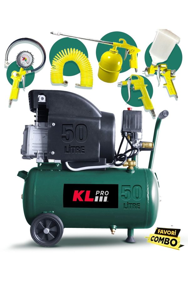 50 Litre Profesyonel Çift Hava Çıkışlı 2 Hp 8 Bar 116psi Klk50 Hava Kompresörü + 5 Parça Havalı Kit - Görsel 4