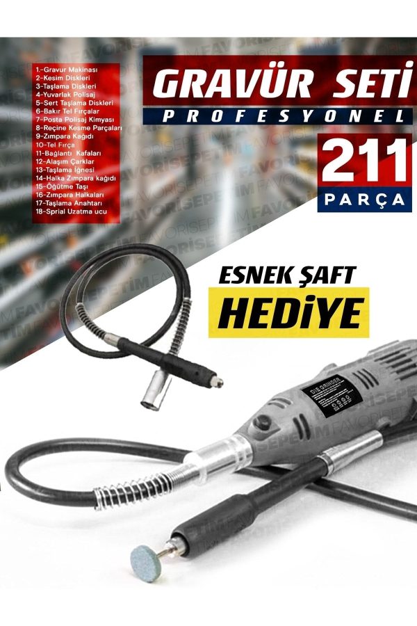 Premium Çok Amaçlı Devir Ayarli 211 Parça Hobi Gravür Seti El Motoru Usta Set Esnek Şaft Hediyeli - Görsel 5